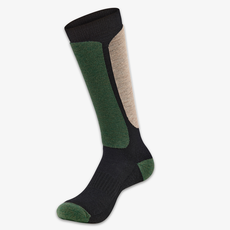 Merino Skisocken Premium schwarz-beige-grün – 71% Merinowolle, warm und gepolstert – WOOL ROCKERS
