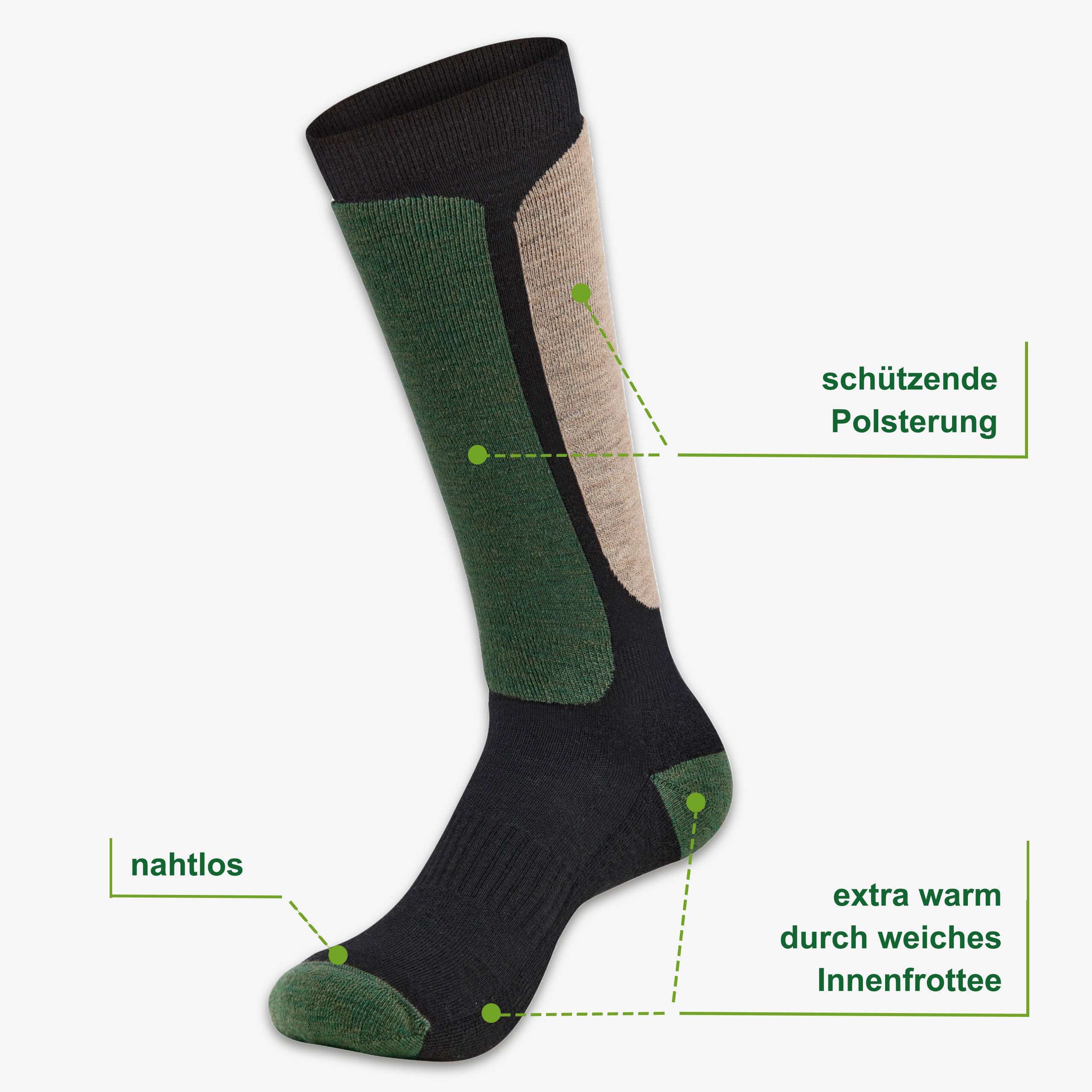 Merino Skisocken Eigenschaften: 71% Merinowolle, Innenfrottee, elastischer Bund – WOOL ROCKERS