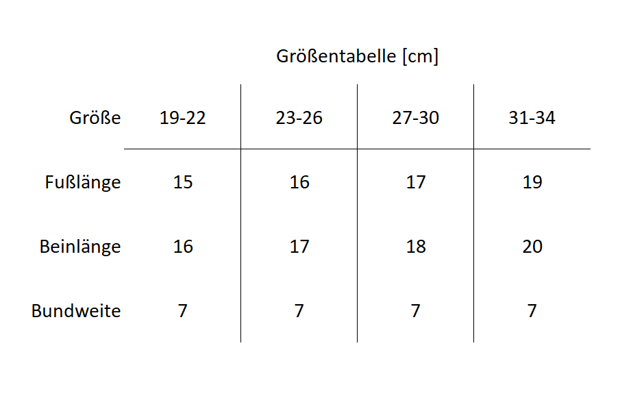 Größentabelle Merino Kindersocken – Kindergrößen 19-22, 23-26, 27-30, 31-34 – WOOL ROCKERS