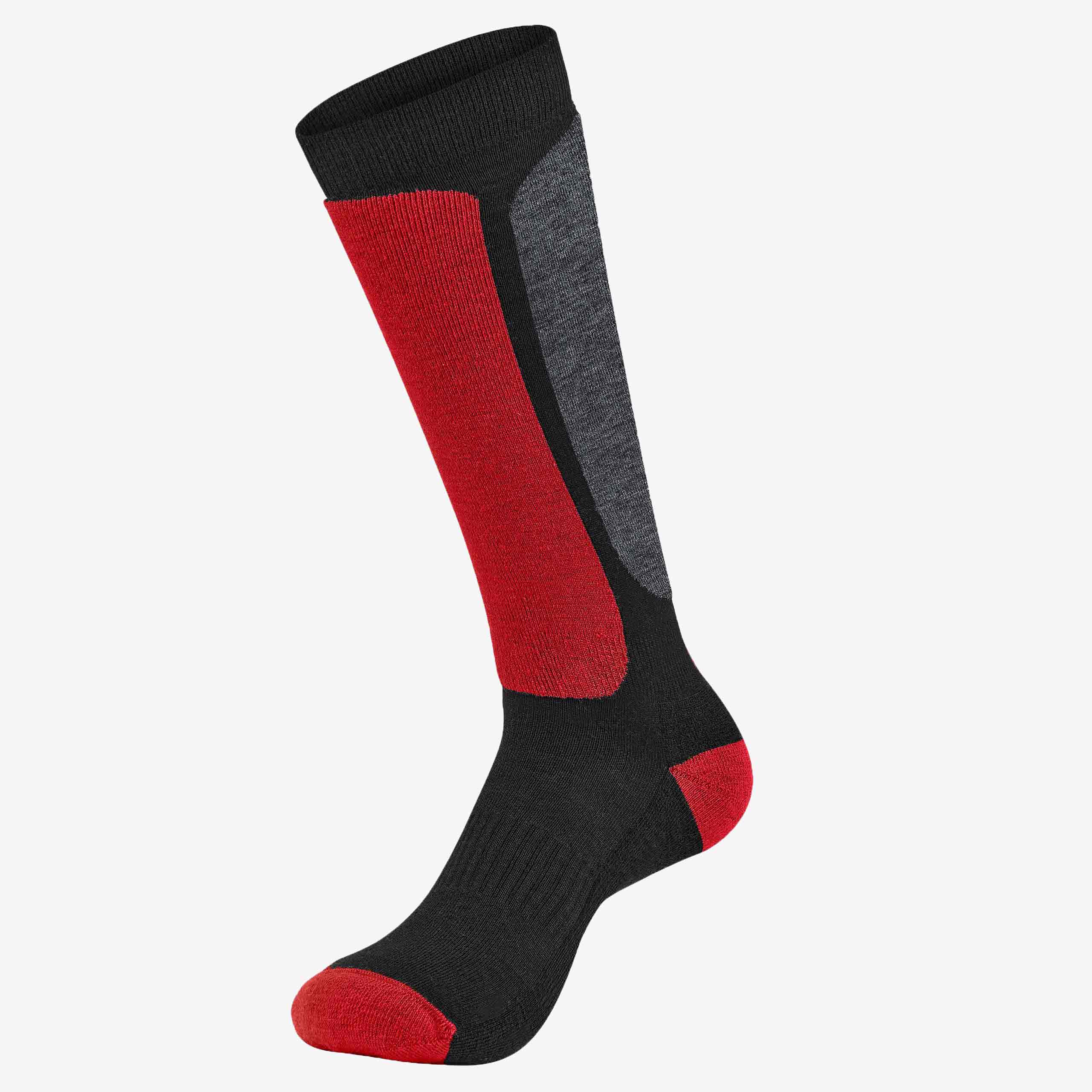 Merino Skisocken Premium schwarz-rot-grau – 71% Merinowolle, warm und gepolstert – WOOL ROCKERS