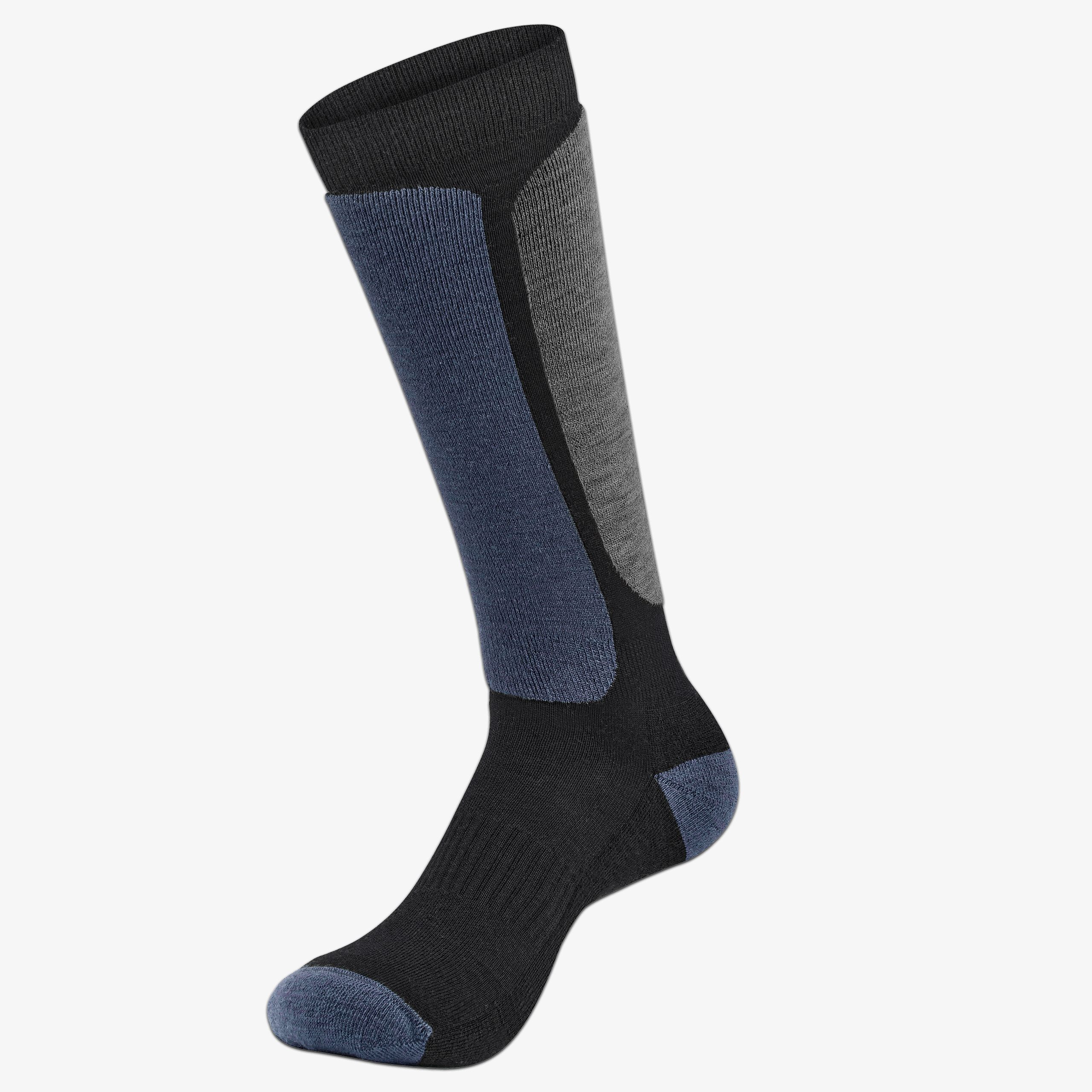 Merino Skisocken Premium schwarz-grau-blau – 71% Merinowolle, warm und gepolstert – WOOL ROCKERS