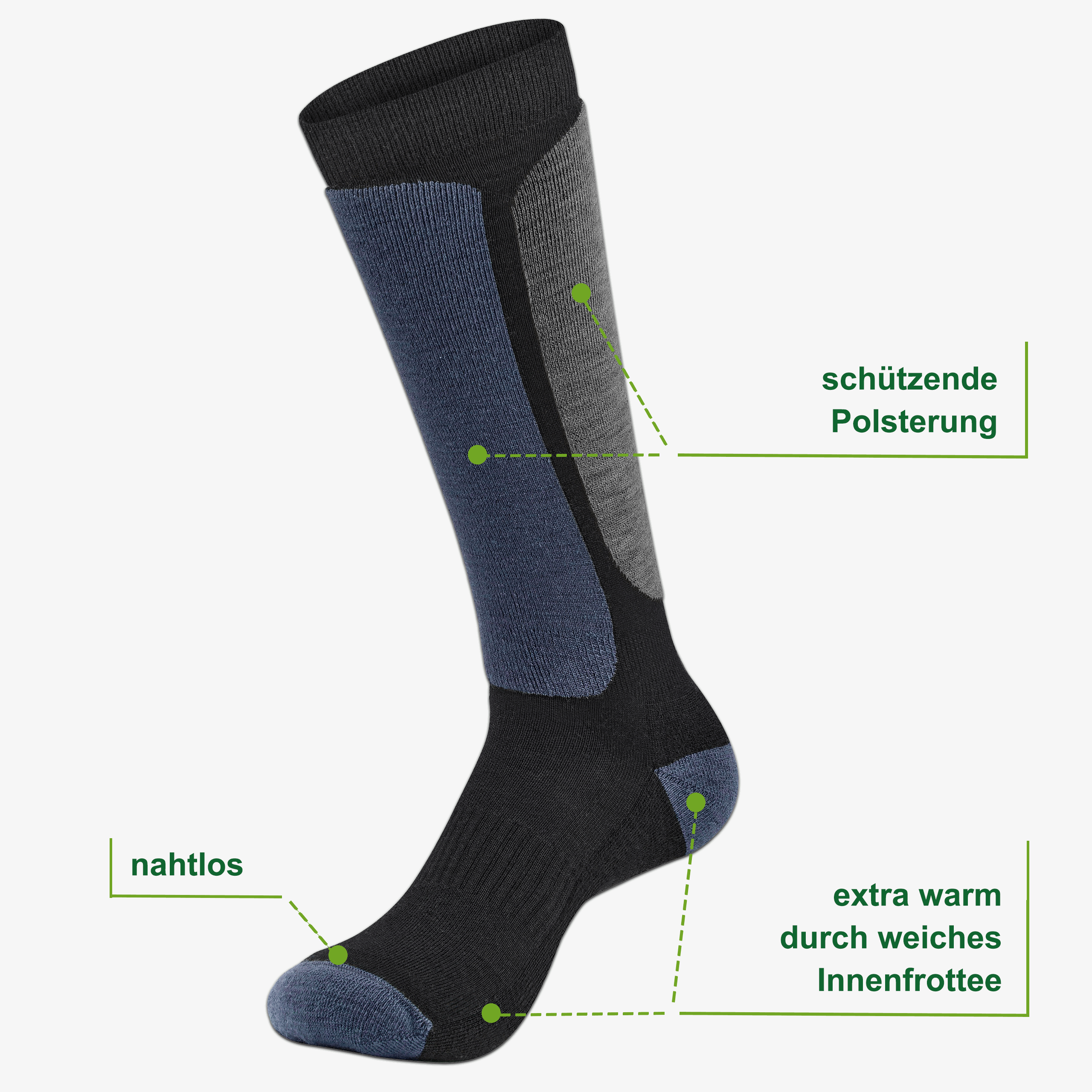 Merino Skisocken Eigenschaften: 71% Merinowolle, Innenfrottee, elastischer Bund – WOOL ROCKERS