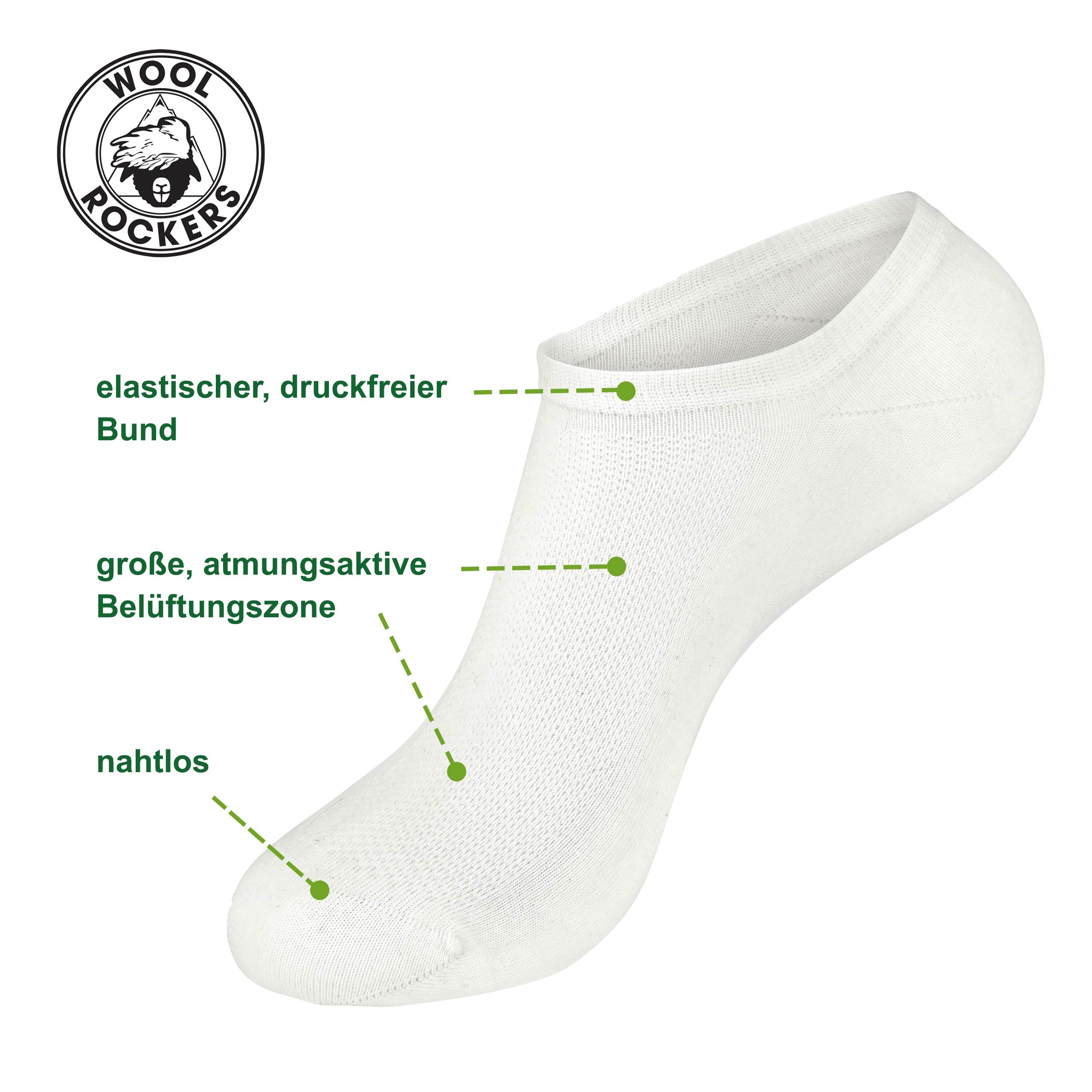 Merino Sneakersocken weiß Eigenschaften: Merinowolle, Belüftungszone, nahtlose Zehen – WOOL ROCKERS
