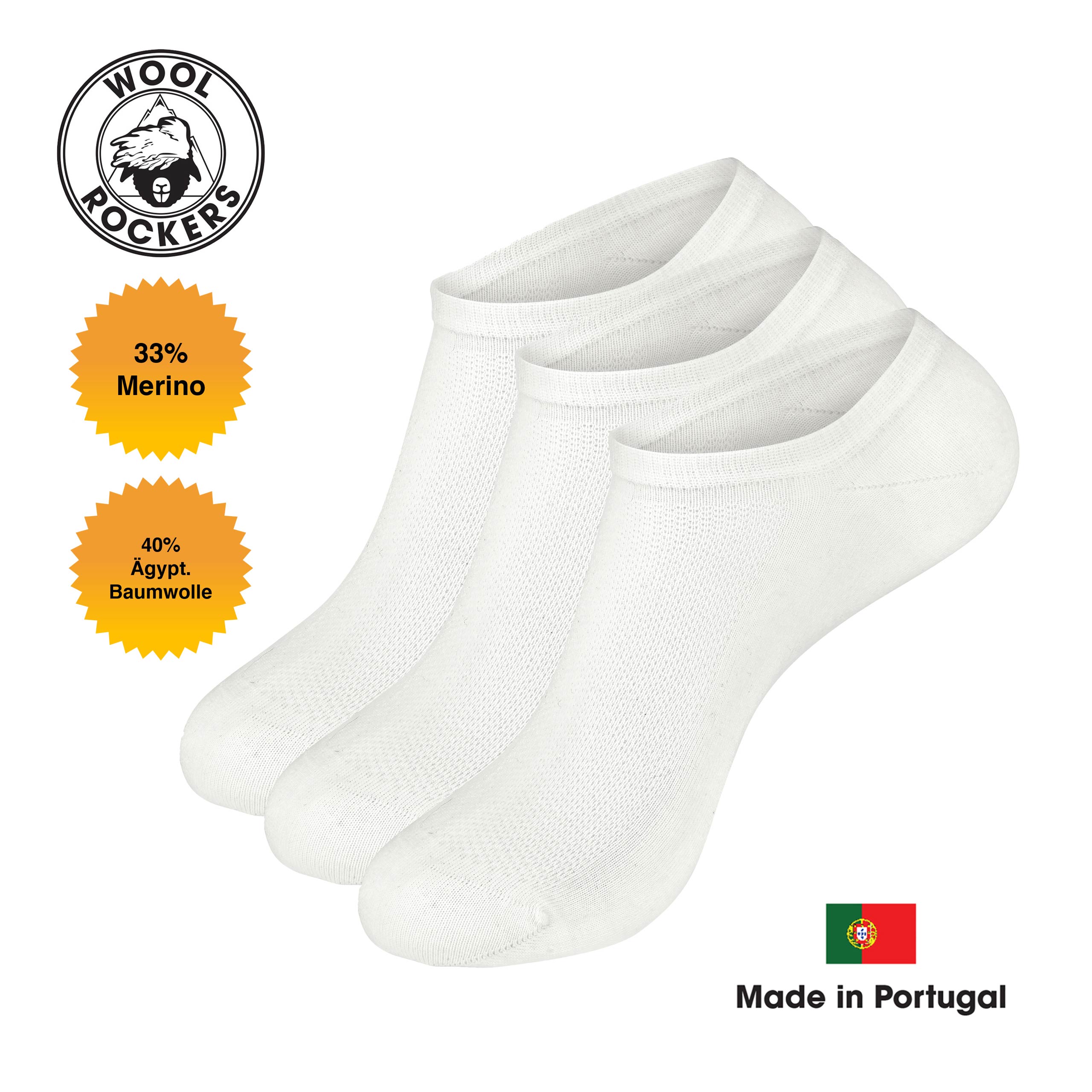 WOOL ROCKERS Merino Sneaker Socken weiß – Qualitätsarbeit Made in Portugal, hergestellt in EU