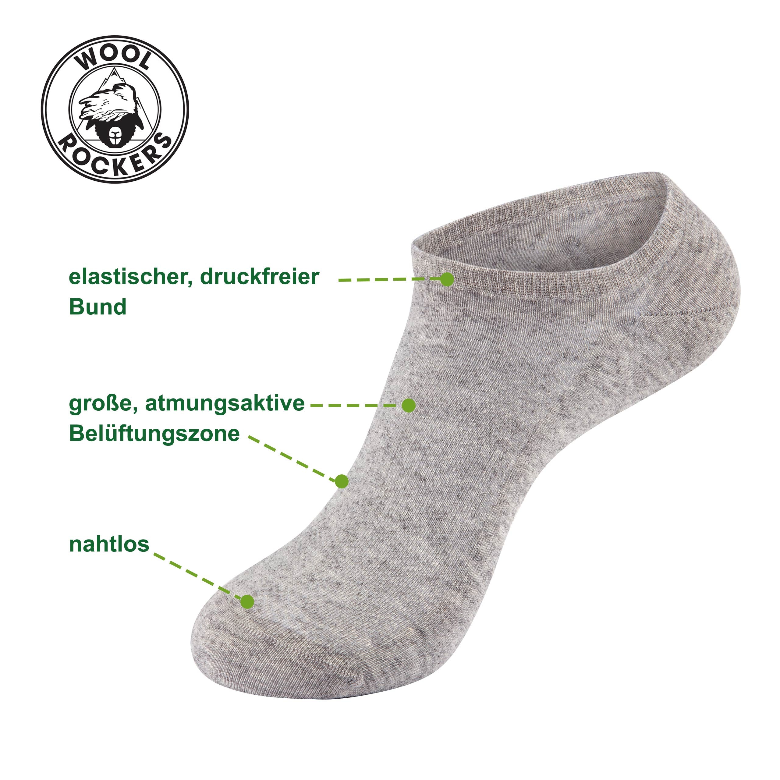 Merino Sneakersocken grau Eigenschaften: Merinowolle, nahtlose Zehen, druckfreier Bund – WOOL ROCKERS