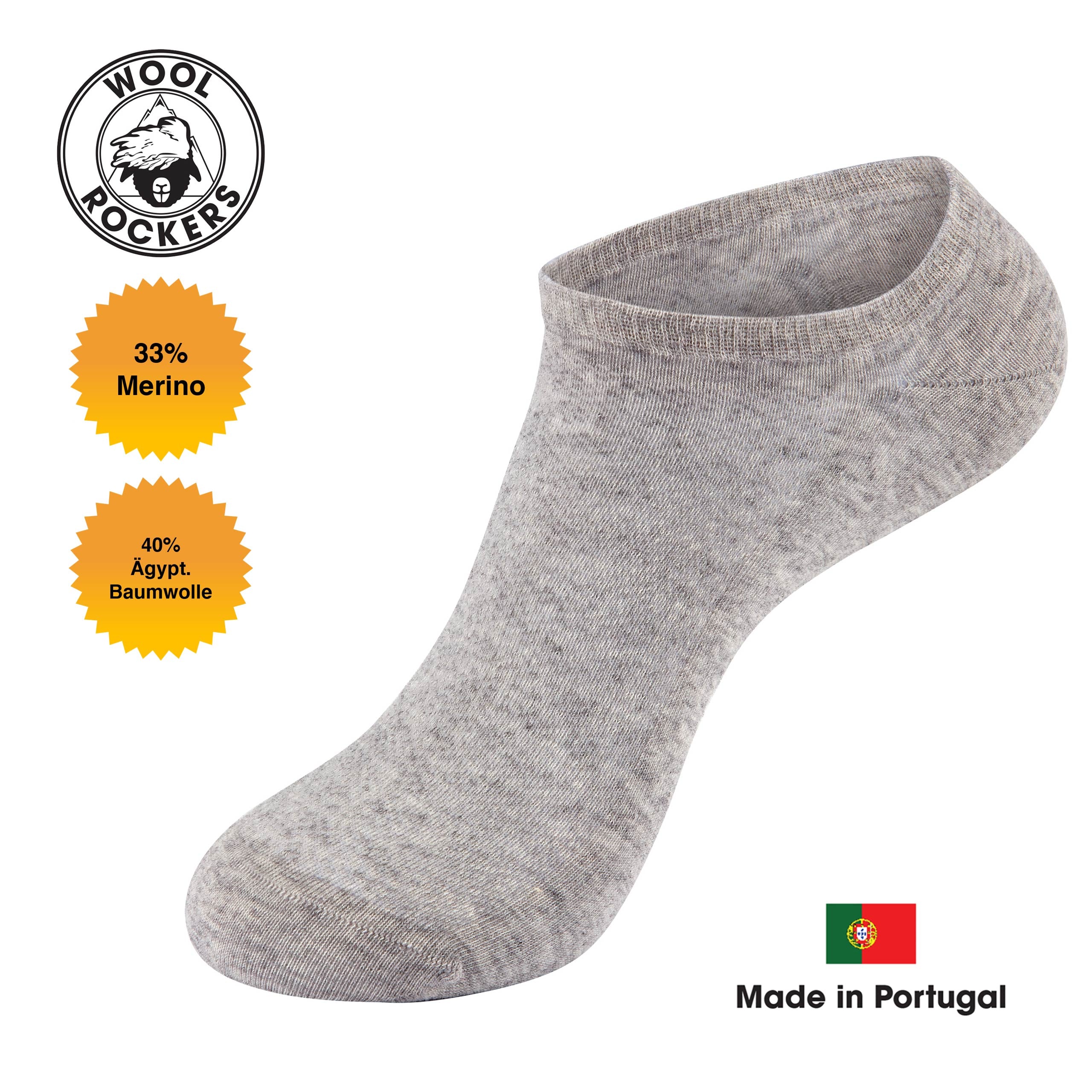 WOOL ROCKERS Merino Sneaker Socken grau – Qualitätsarbeit Made in Portugal, hergestellt in EU