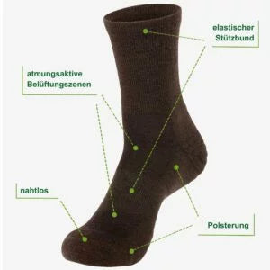 Merino Wandersocken braun Eigenschaften: 75% Merinowolle, Flachnaht, elastischer Stützbund