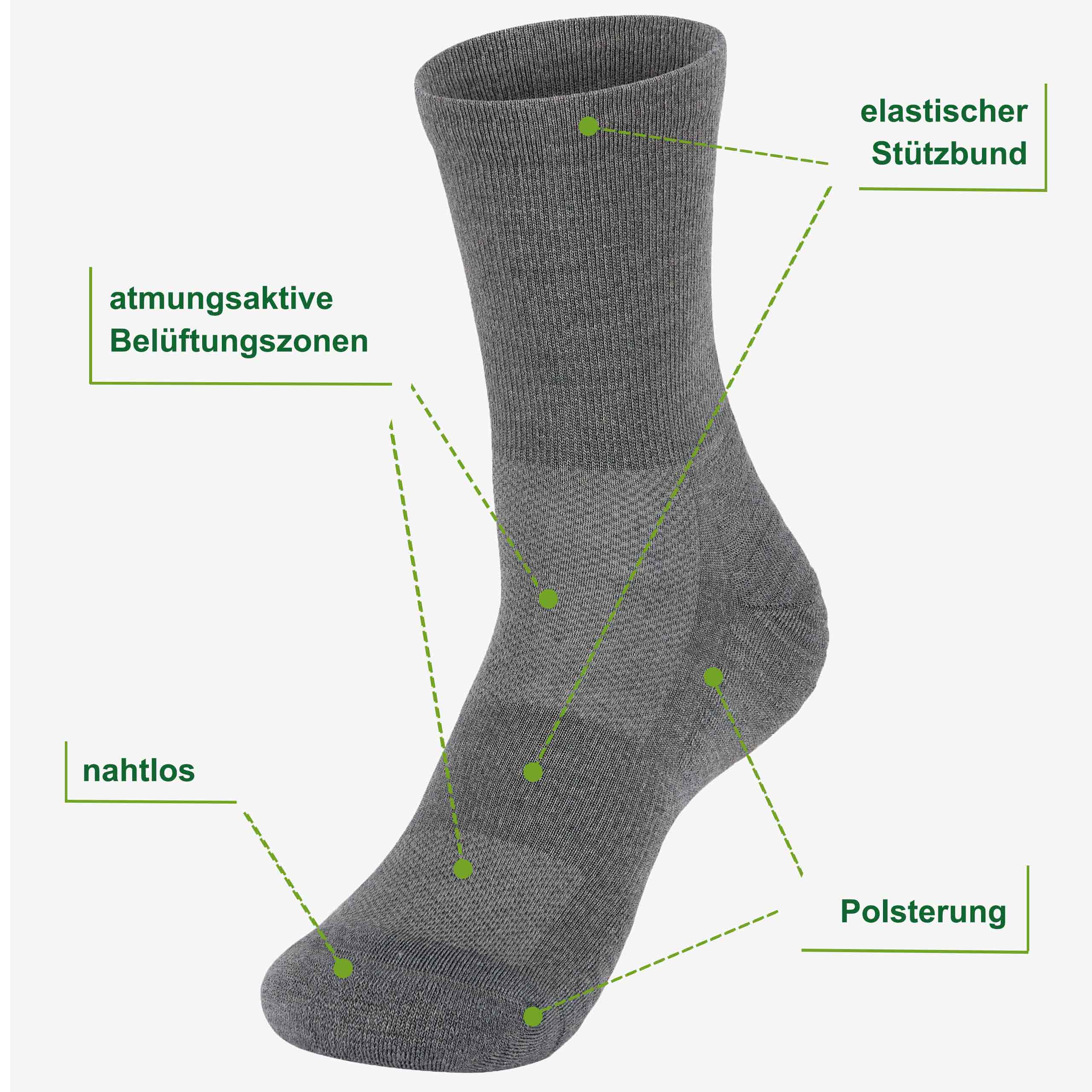 Merino Wandersocken grau Eigenschaften: 72% Merinowolle, Flachnaht, Belüftungszonen, Stützbund