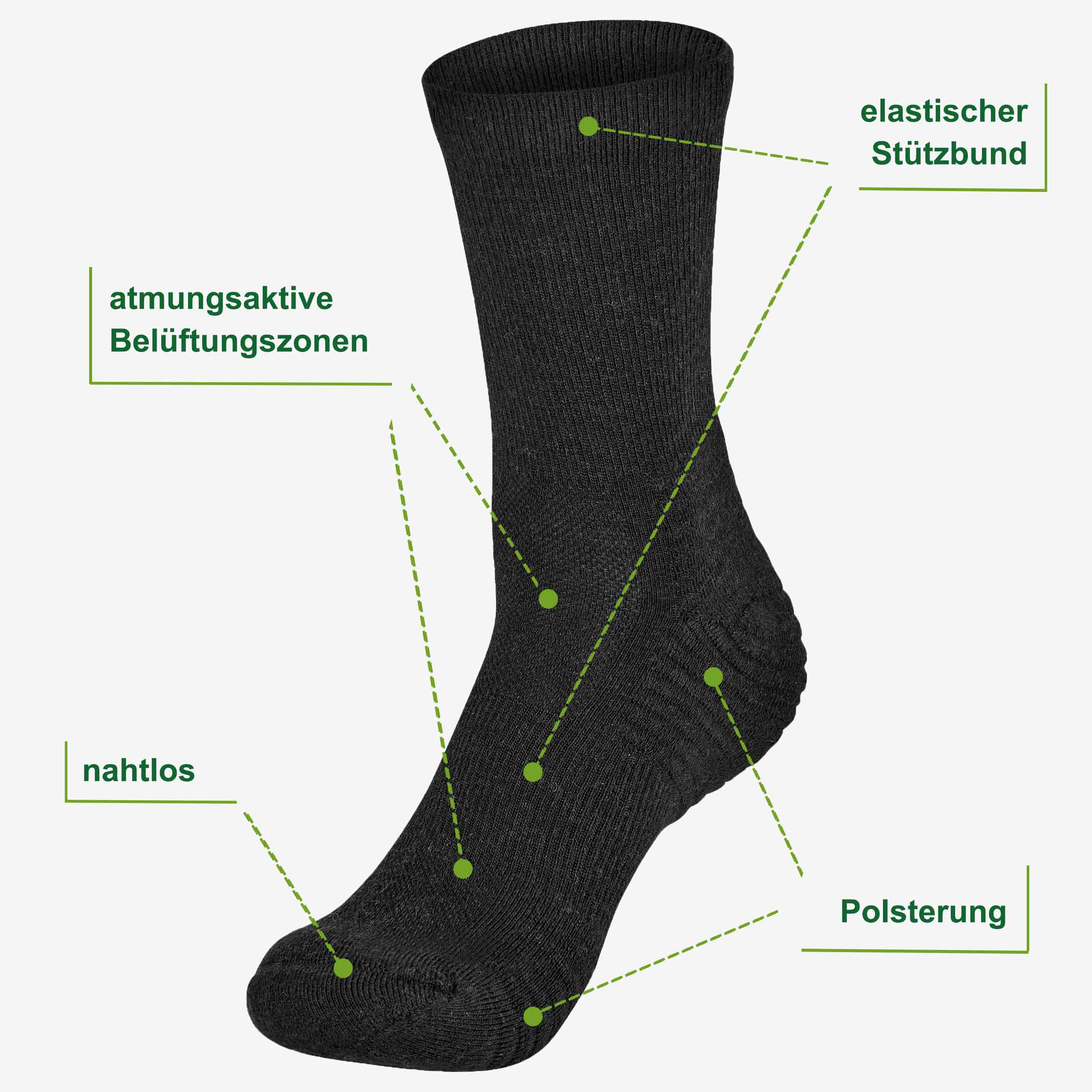 Merino Wandersocken schwarz Eigenschaften: 73% Merinowolle, Flachnaht, Belüftungszonen, Stützbund