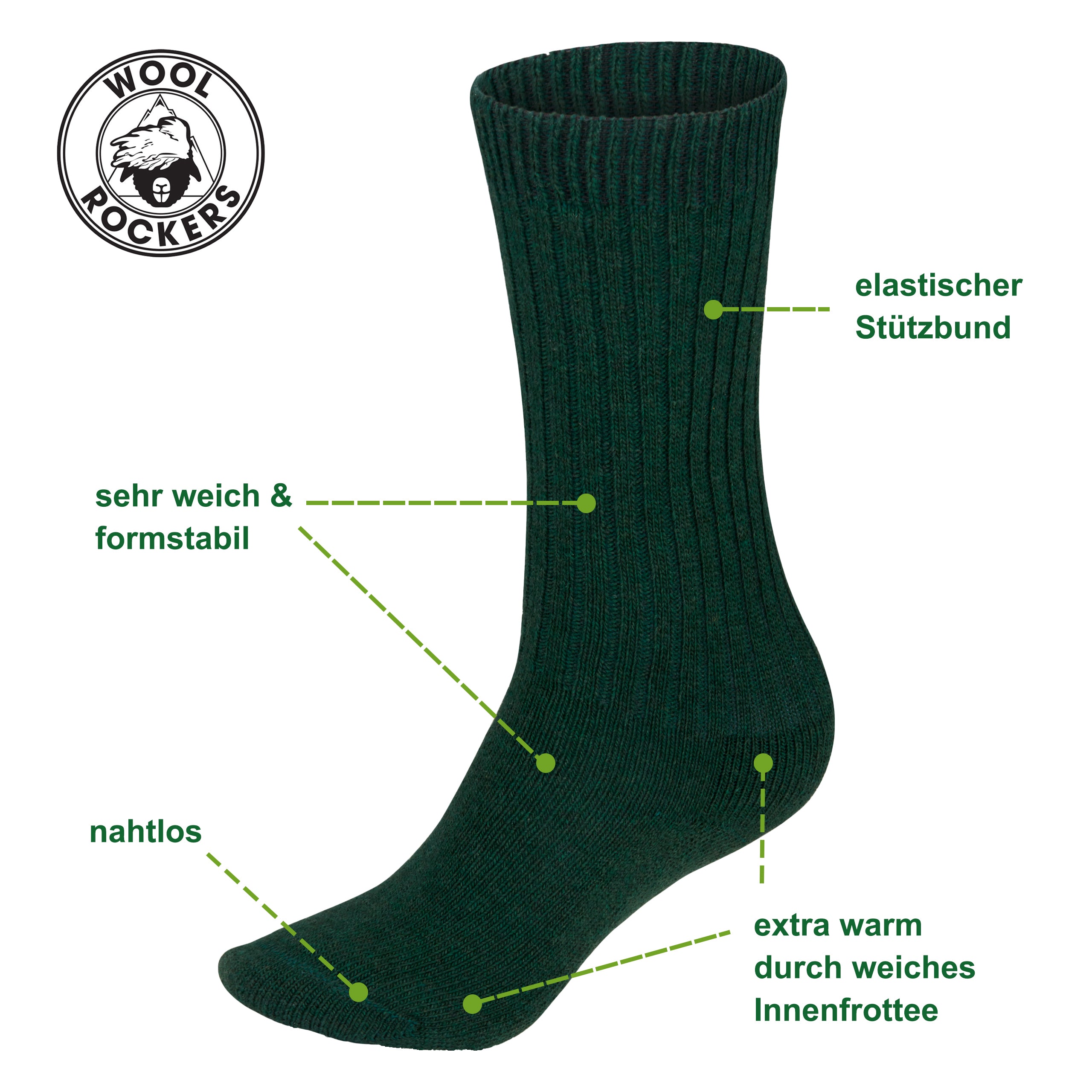 Merino Wintersocken grün Eigenschaften: 70% Merinowolle, Innenfrottee, nahtlose Zehenverarbeitung - WOOL ROCKERS