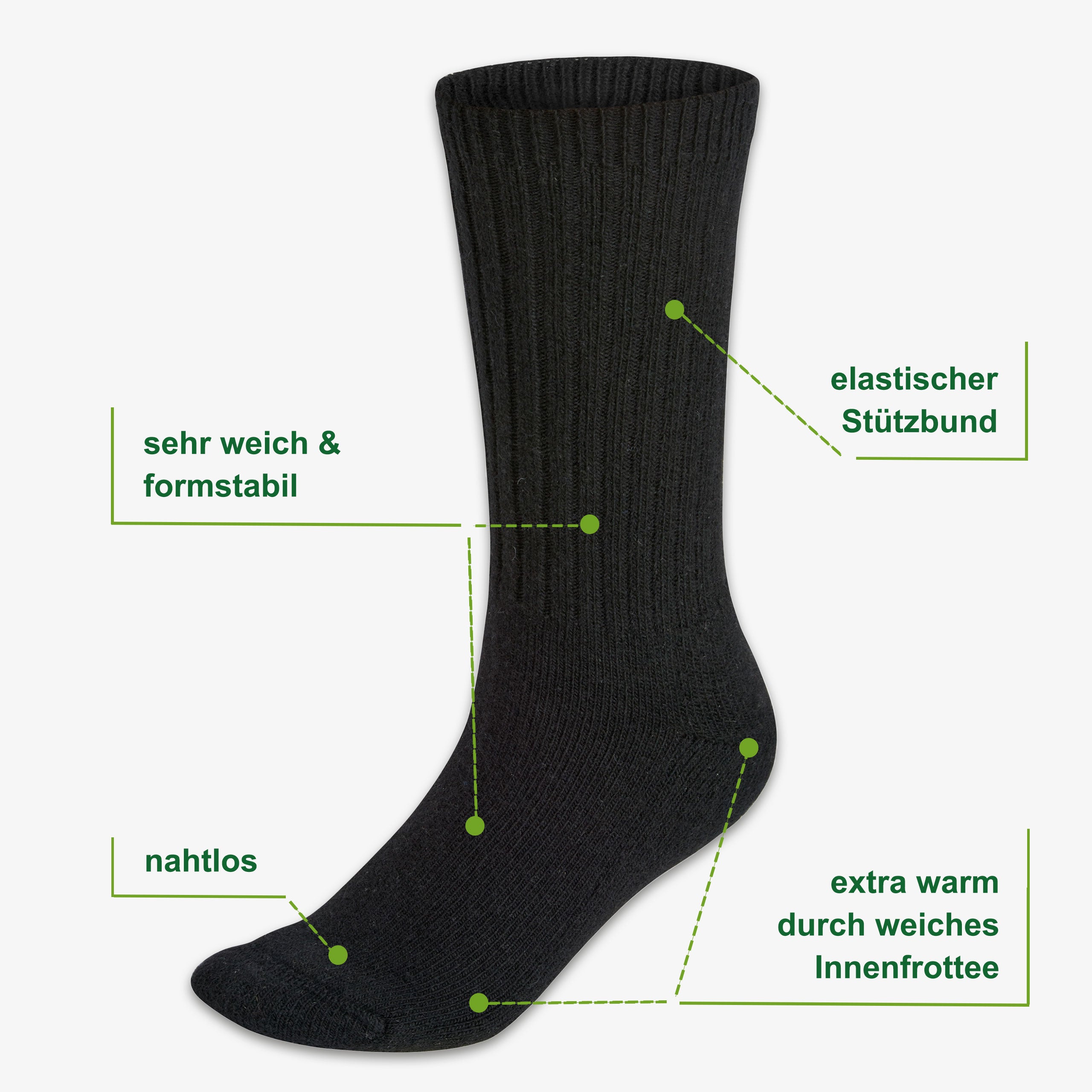 Merino Wintersocken schwarz Eigenschaften: 70% Merinowolle, Innenfrottee, nahtlose Zehenverarbeitung - WOOL ROCKERS