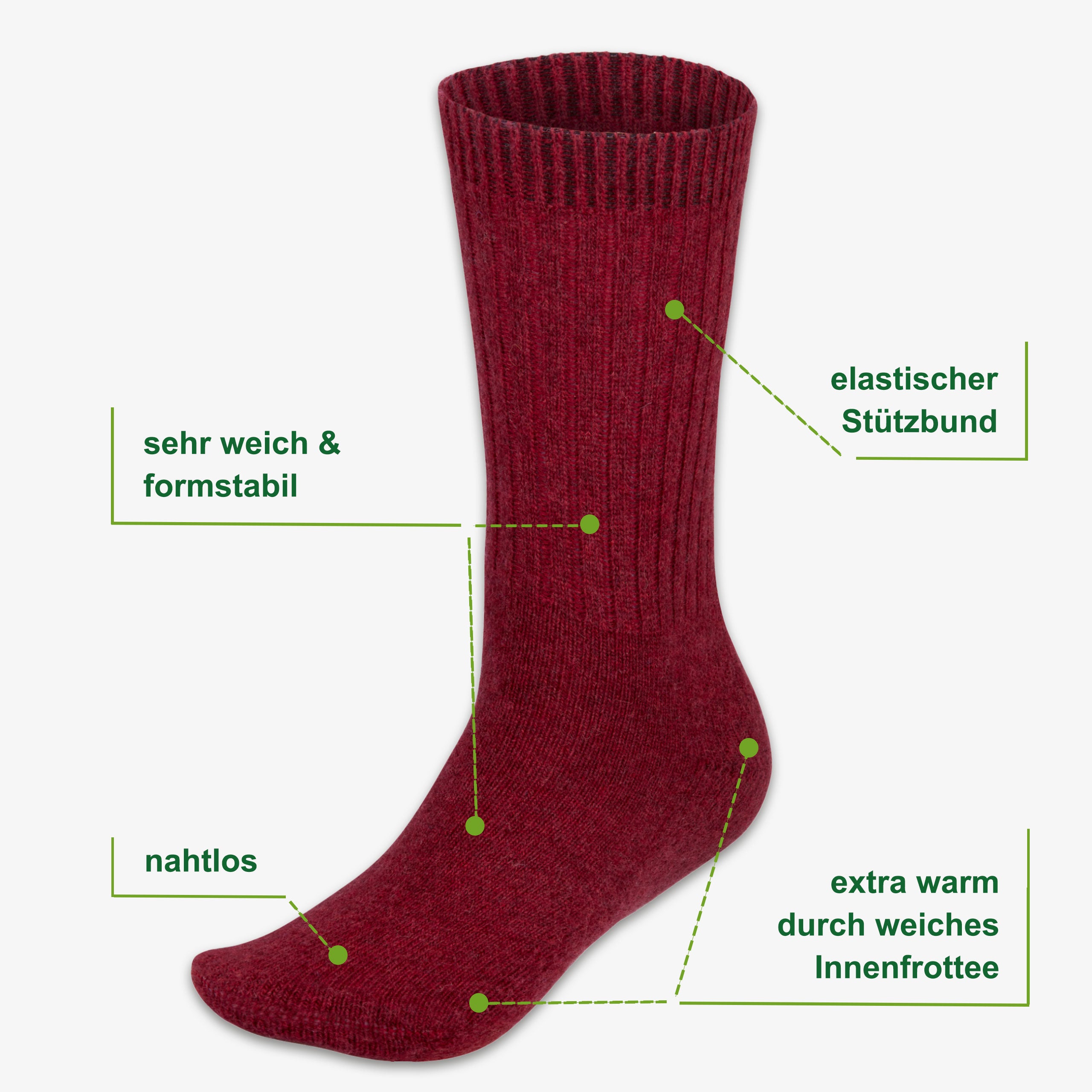 Merino Wintersocken rot Eigenschaften: 70% Merinowolle, Innenfrottee, nahtlose Zehenverarbeitung - WOOL ROCKERS