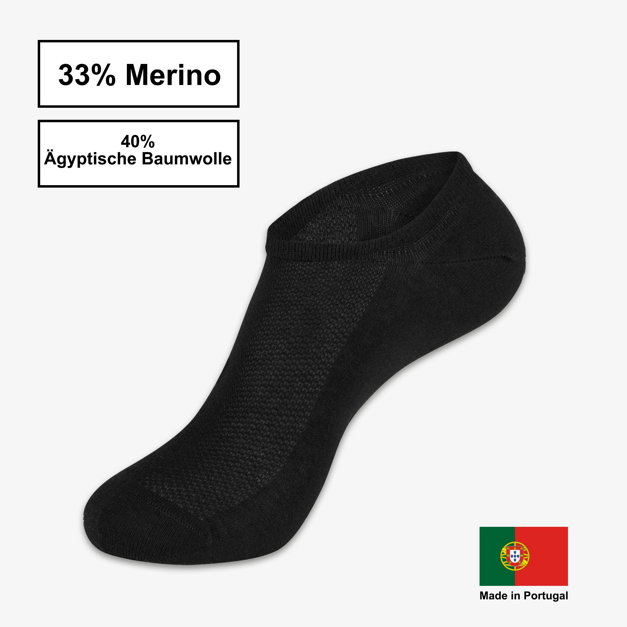 WOOL ROCKERS Merino Sneaker Socken schwarz – Qualitätsarbeit Made in Portugal, hergestellt in EU
