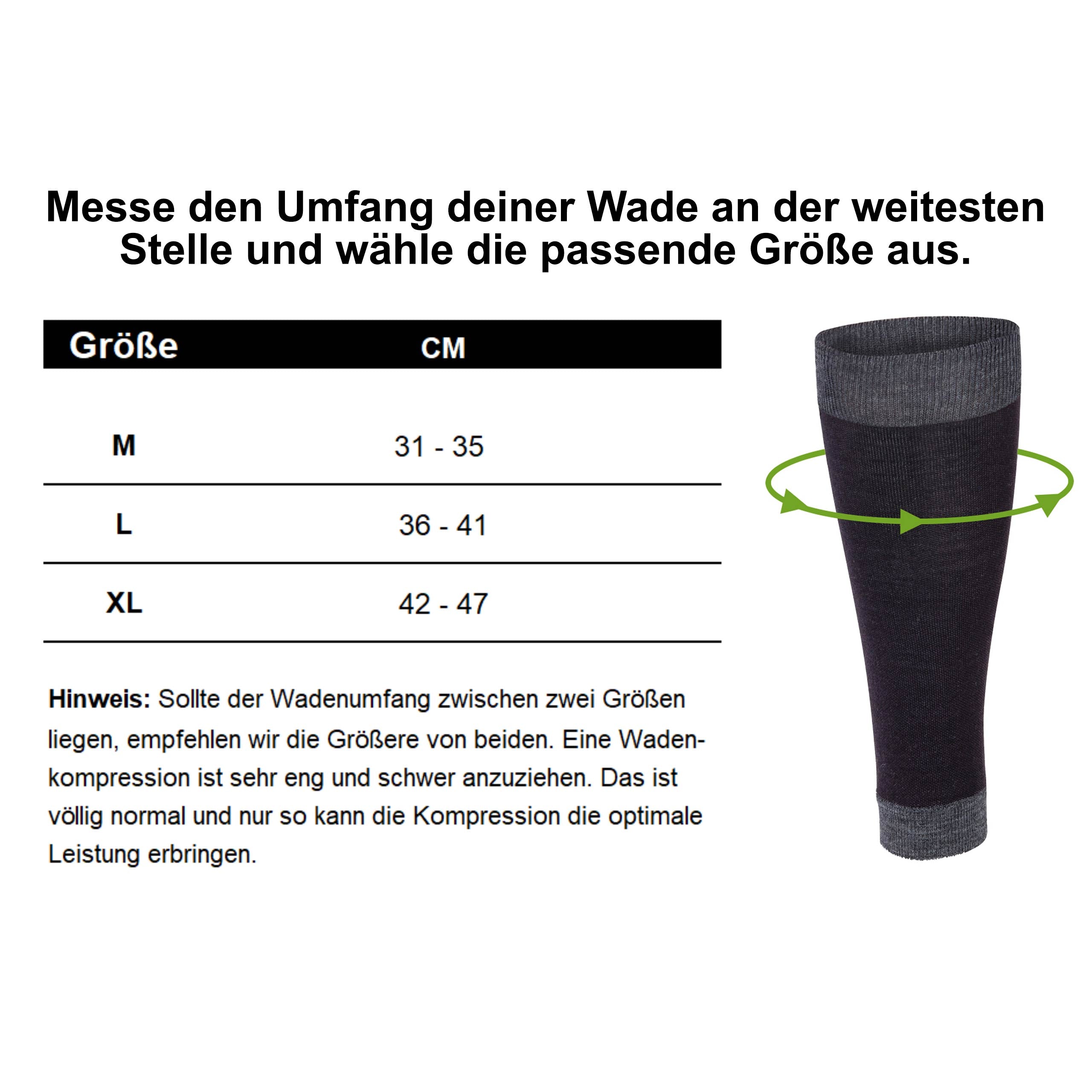 Größentabelle Merino Wadenkompressionsstrümpfe – Größen M, L, XL für Damen Herren – WOOL ROCKERS