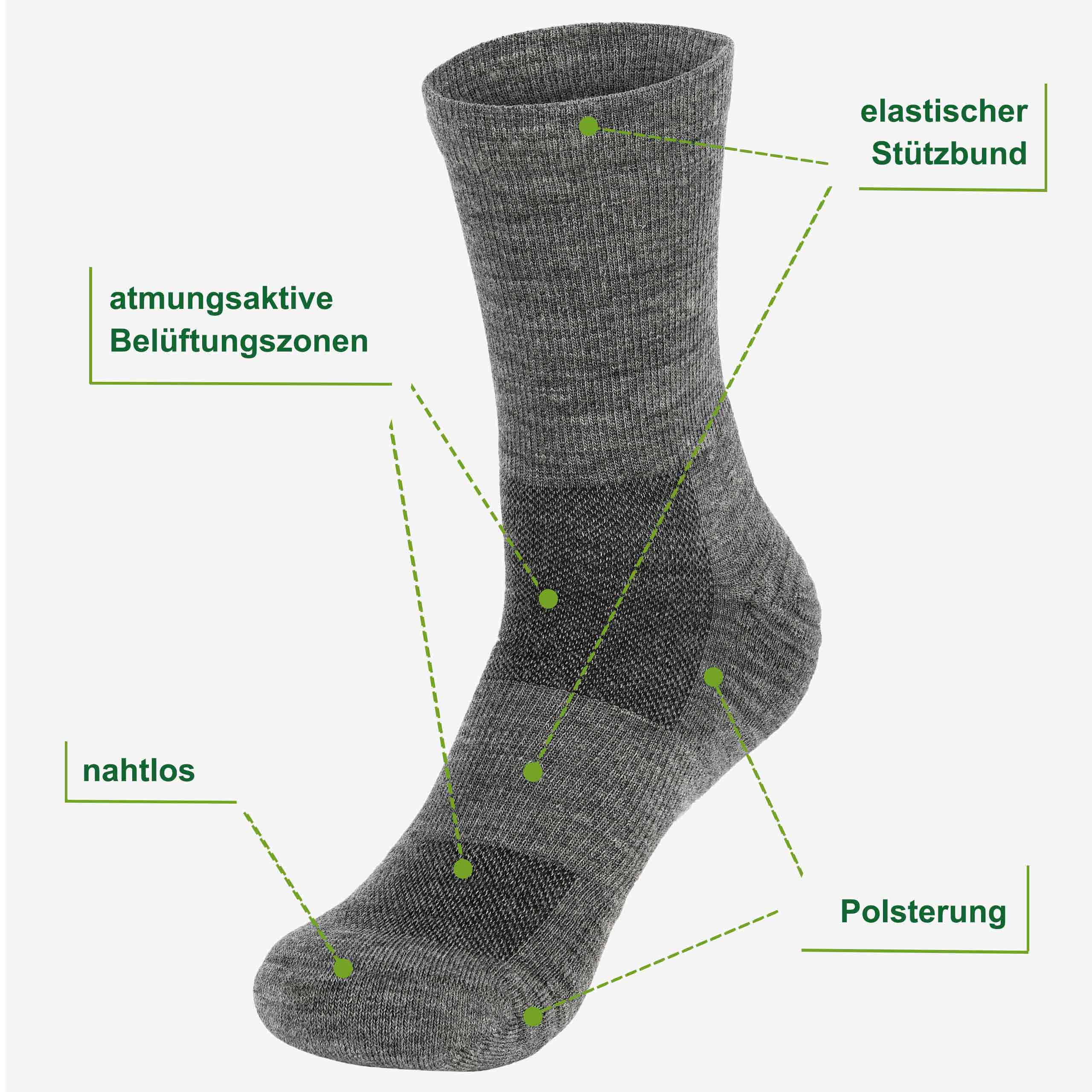Merino Wandersocken dunkelgrau Eigenschaften: 73% Merinowolle, Flachnaht, elastischer Stützbund